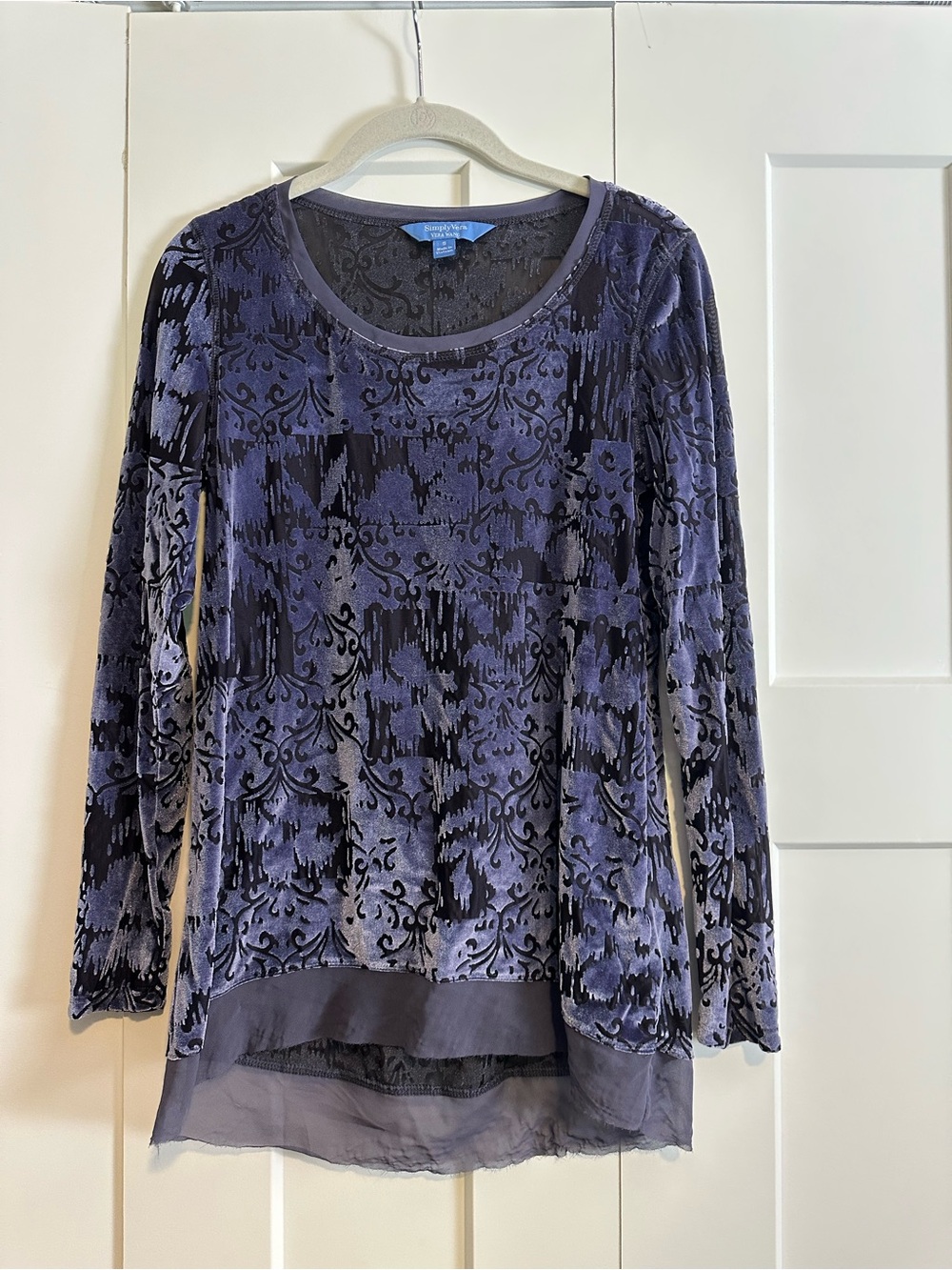 Simply Vera Vera Wang Purple Velvet Patterned Long Sleeve Top with Sheer Hem